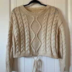 Cable Knit Crop Cream Sweater with Tie Detail (Shein)